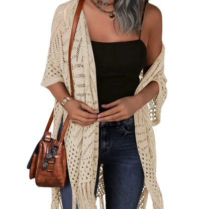 ✨ Women's Oversized Open Front Crochet Knit Cardigan 🌸 – Lightweight Tassel Kimono 💕