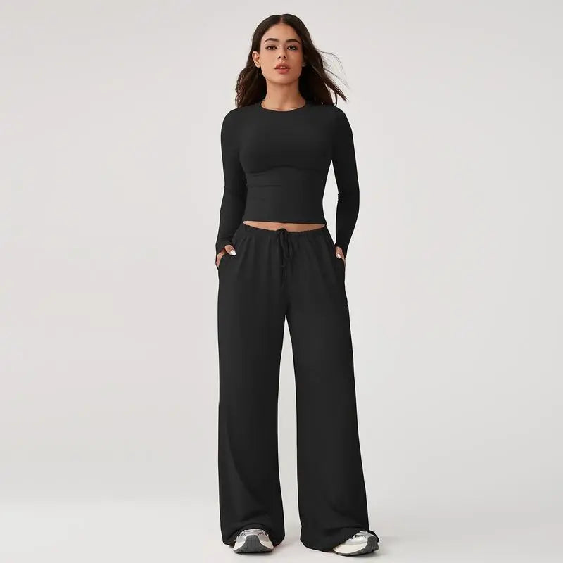 Women’s Long-Sleeve Top & Wide-Leg Pants Matching Set | Effortless Style & All-Day Comfort ✨