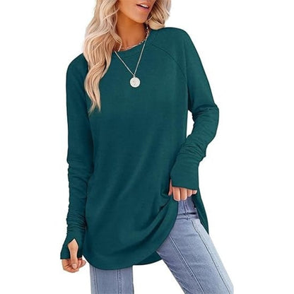 🌿 Women’s Casual Long Sleeve Tunic Top – Thumbhole Crew Neck Curved Hem Shirt for Leggings