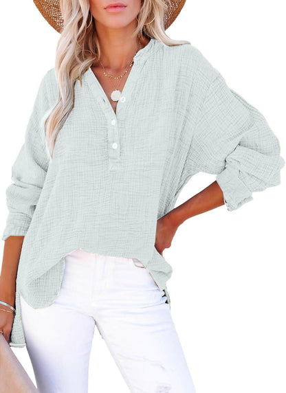 🌿 Women’s Lightweight Gauze Button Neck Oversized Long Sleeve Shirt ☀️