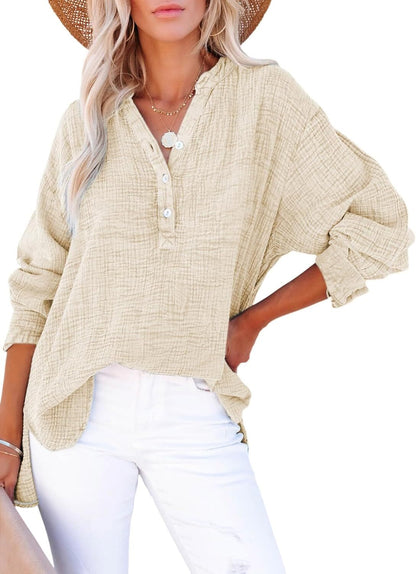 🌿 Women’s Lightweight Gauze Button Neck Oversized Long Sleeve Shirt ☀️