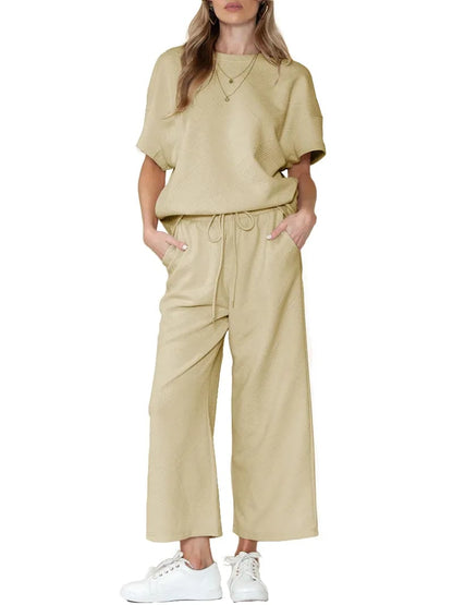 ⏰Women's Textured Loose Fit T Shirt and Drawstring Pants Casual Set