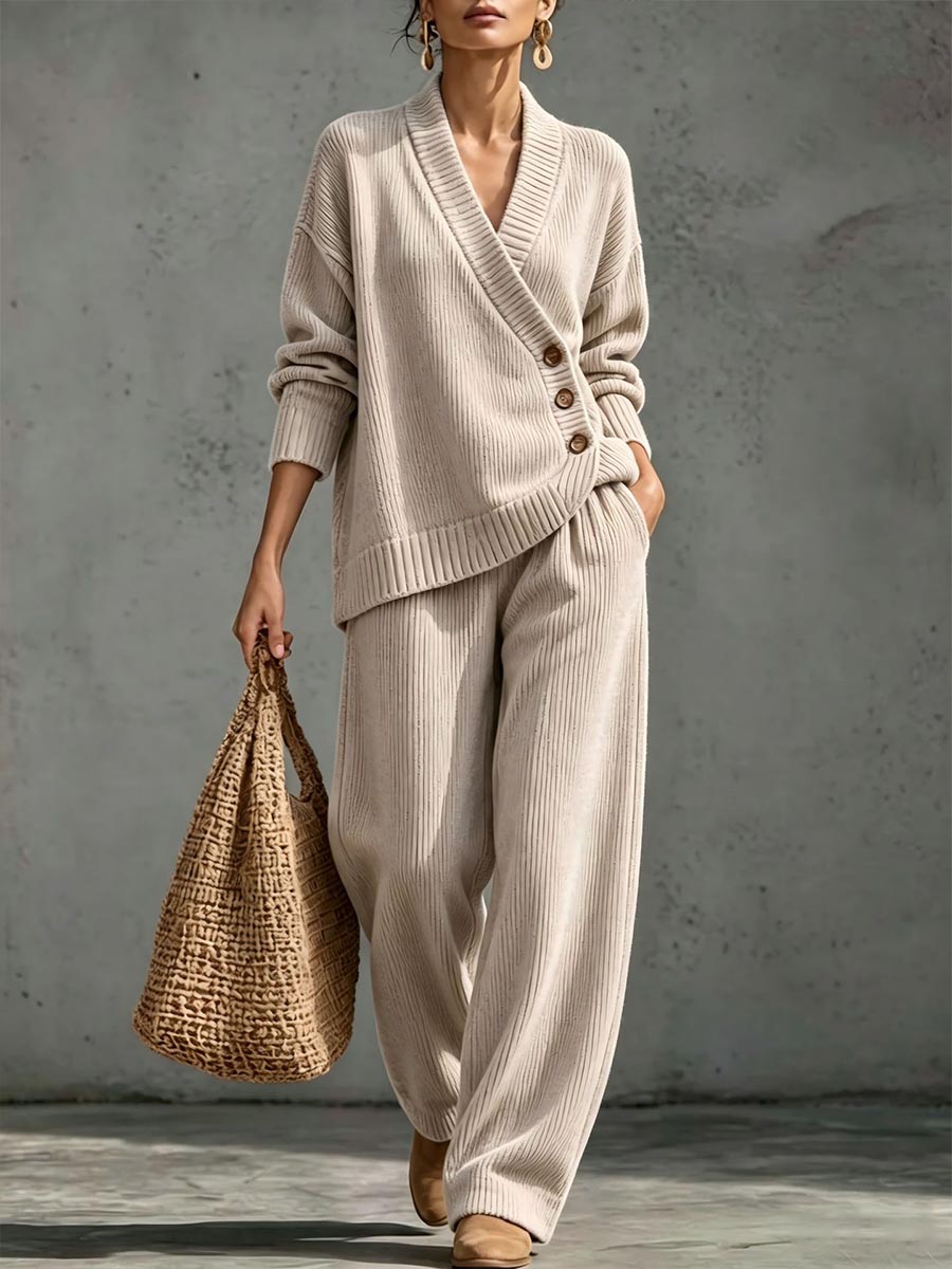 ✨ Women's Ribbed Knit Two-Piece Lounge Set with Asymmetric Buttons 🤎