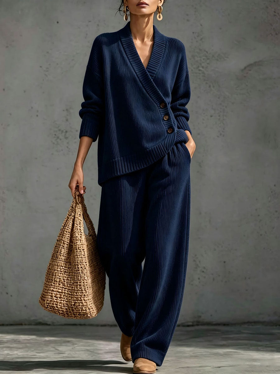 ✨ Women's Ribbed Knit Two-Piece Lounge Set with Asymmetric Buttons 🤎