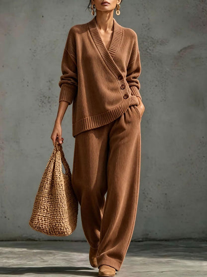 ✨ Women's Ribbed Knit Two-Piece Lounge Set with Asymmetric Buttons 🤎